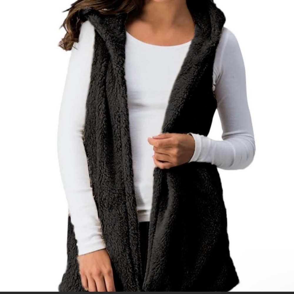 FAVLUX | Black Shaggy Hooded Cardigan Vest